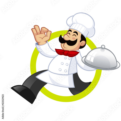 Nice illustration of a cook, he carries a tray
