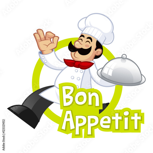 Nice illustration of a cook, he carries a tray