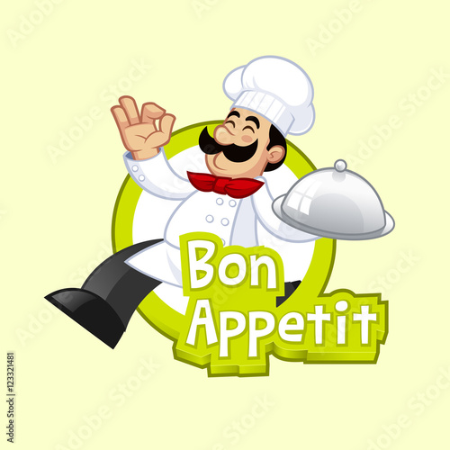 Nice illustration of a cook, he carries a tray