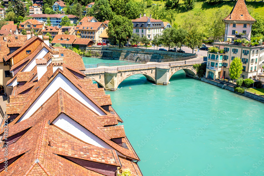 Cityscape view on the old town with Aare river and old bridge in Bern city in Switzerland