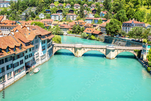 Cityscape view on the old town with Aare river and old bridge in Bern city in Switzerland