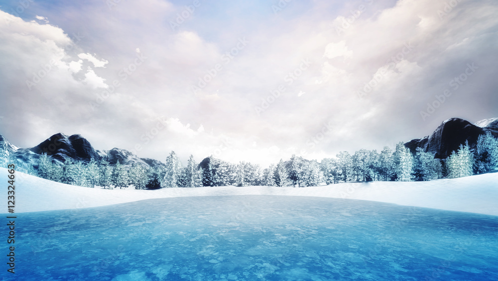 Fototapeta premium frozen lake in winter mountain landscape