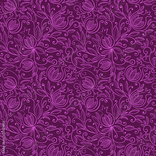 Seamless pattern with pomegranate, Rosh Hashanah symbol. Floral pattern with decorative pomegranate fruits and leaves. Vector illustration