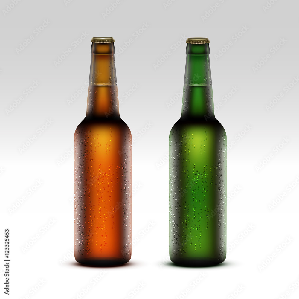 Vector Set of Closed Blank Glass Transparent Brown Green Yellow Orange Frosty Bottles of Light Beer with Drops of Water without labels for Branding Close up Isolated on White Background Vector Set of Closed Blank Glass Transparent Brown Green Yellow Orange Frosty Bottles of Light Beer with Drops of Water without labels for Branding Close up Isolated on White Background