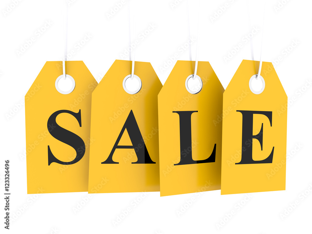 Sale tag on yellow hanging labels. Special offer and promotion