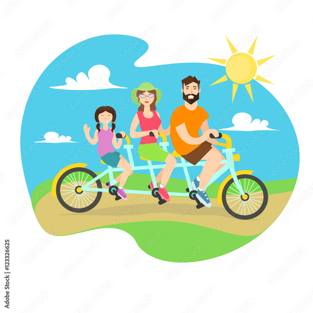 Happy Family Tandem Bike. Vector Happy Family Tandem Bike. Vector
