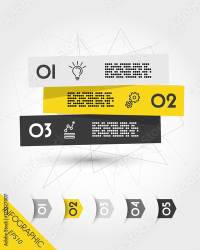 yellow infographic three stickers with five arrows