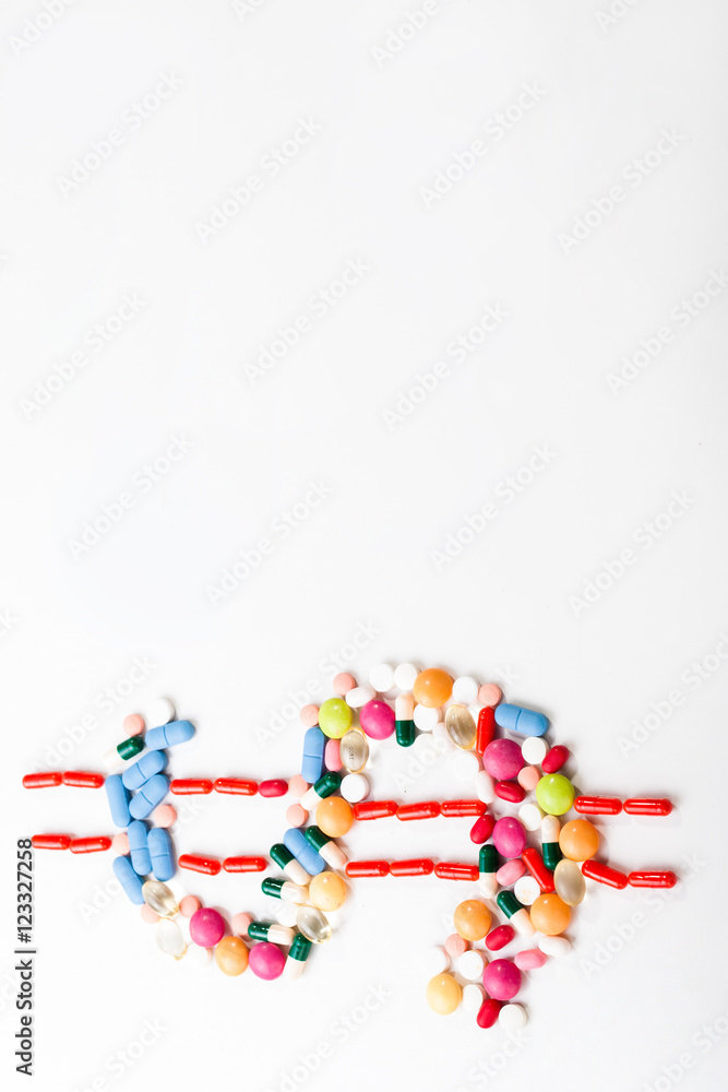 Pills and tablets on white background with dolar symbol in vivid