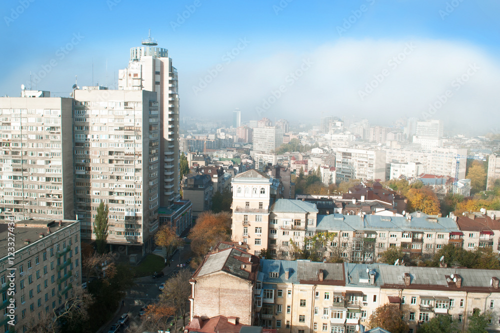Kyiv, Ukraine. Panorama of city business center view from top of the roof, early morning