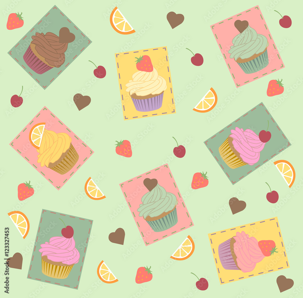 Cupcake seamless pattern. Strawberry, chocolate lemon mint taste. Yellow turquoise pink brown color. Vector