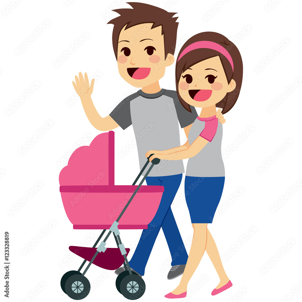 Cute young happy couple pushing pink stroller together Cute young happy couple pushing pink stroller together