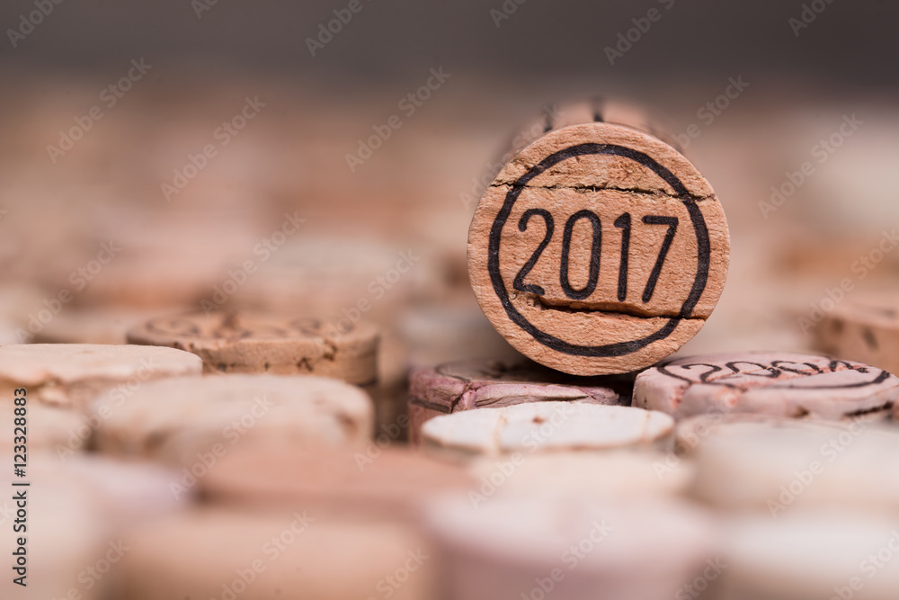 close up of a 2017 vintage new year wine cork with copyspace - obrazy, fototapety, plakaty 