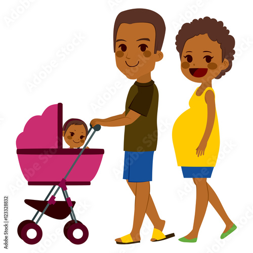 Cute African American couple pushing stroller with newborn baby