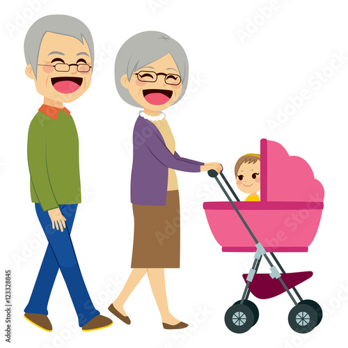 Cute happy grandparents pushing stroller with newborn baby