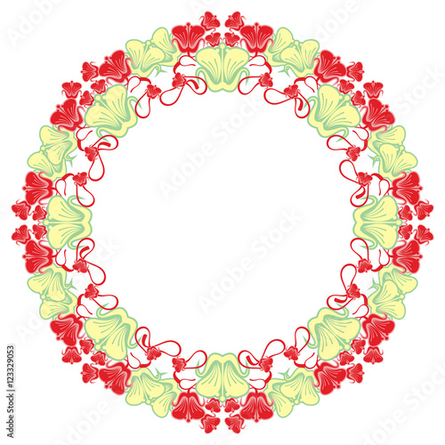 Beautiful round frame with red decorative flowers. © LaFifa