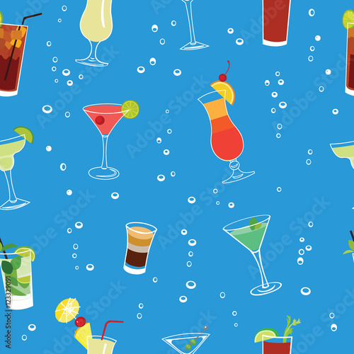 Cocktail  party blue seamless vector pattern.