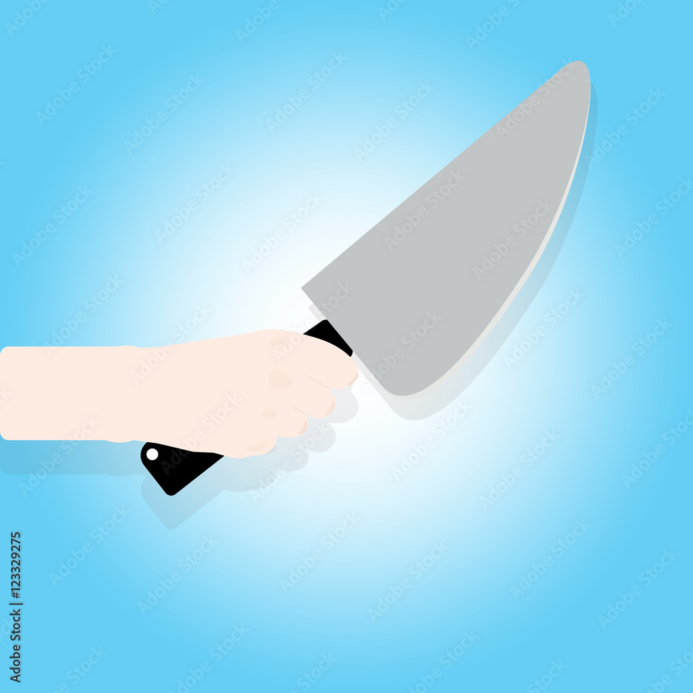 Man holding a knife in hand. Vector illustration flat design. Isolated on background. Steel arms. Man holding a knife in hand. Vector illustration flat design. Isolated on background. Steel arms.