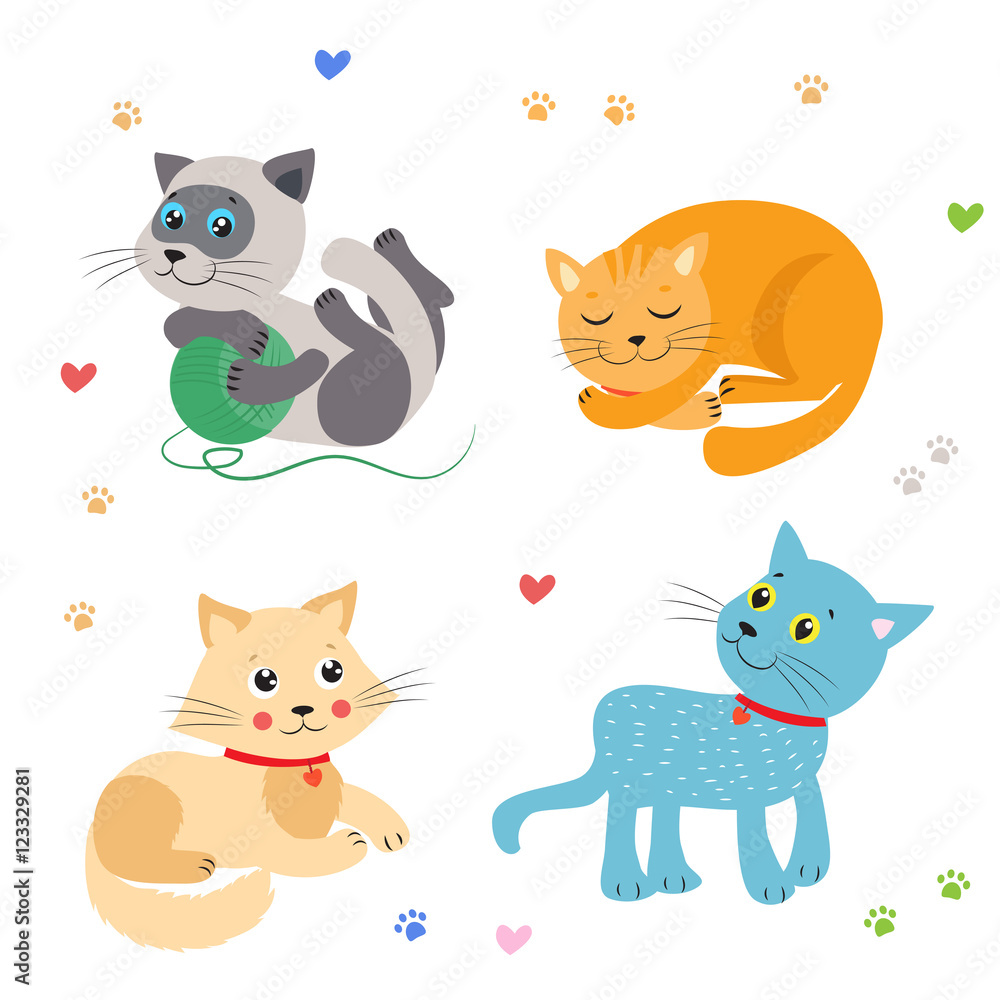 Cute Little Cats Vector Illustration. Cat Mascot Vector. Cats Meowing. Cats Sleeping, Play, Sitting. Beautiful Domestic Cats. I Love You So Much. Favorite Cat Toys. Cats For Sale. Vector Image.