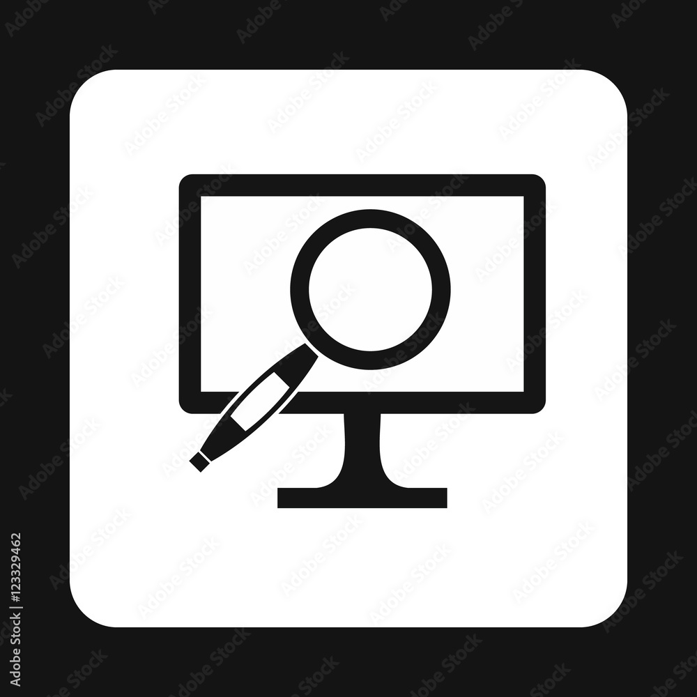 Finding information on computer icon in simple style isolated on white background. Searching symbol Finding information on computer icon in simple style isolated on white background. Searching symbol