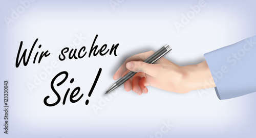 Hand schreibt Wir suchen Sie