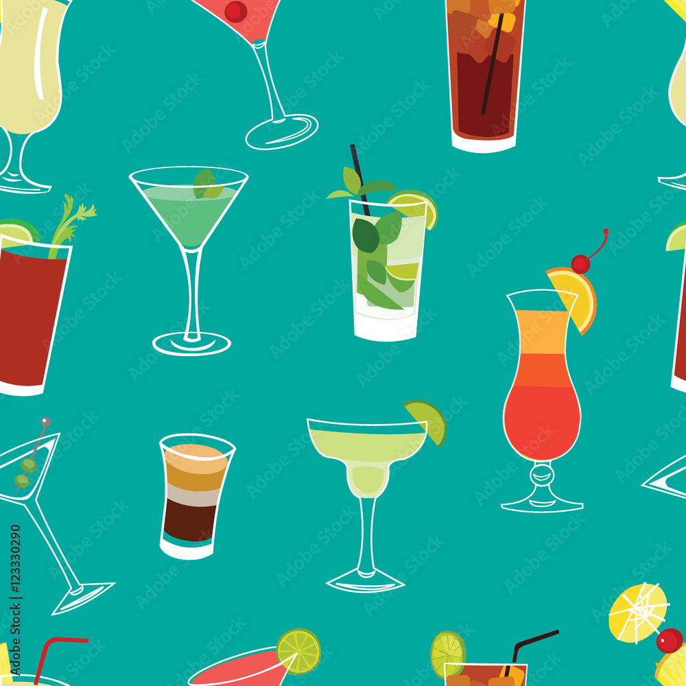 Set of famous cocktails blue seamless vector pattern Set of famous cocktails blue seamless vector pattern