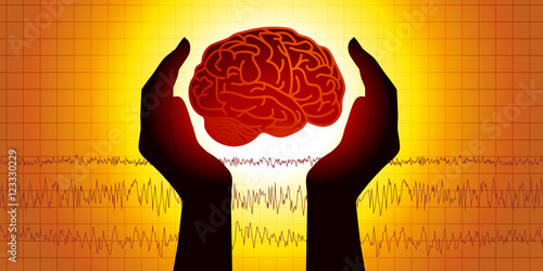 Concept de la médecine cérébrale avec deux mains protégeant symboliquement un cerveau devant un électroencéphalogramme.