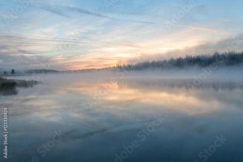 lake sunrise fog reflection