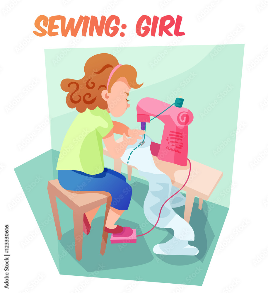 Funny vector illustration girl sewing at machine Funny vector illustration girl sewing at machine