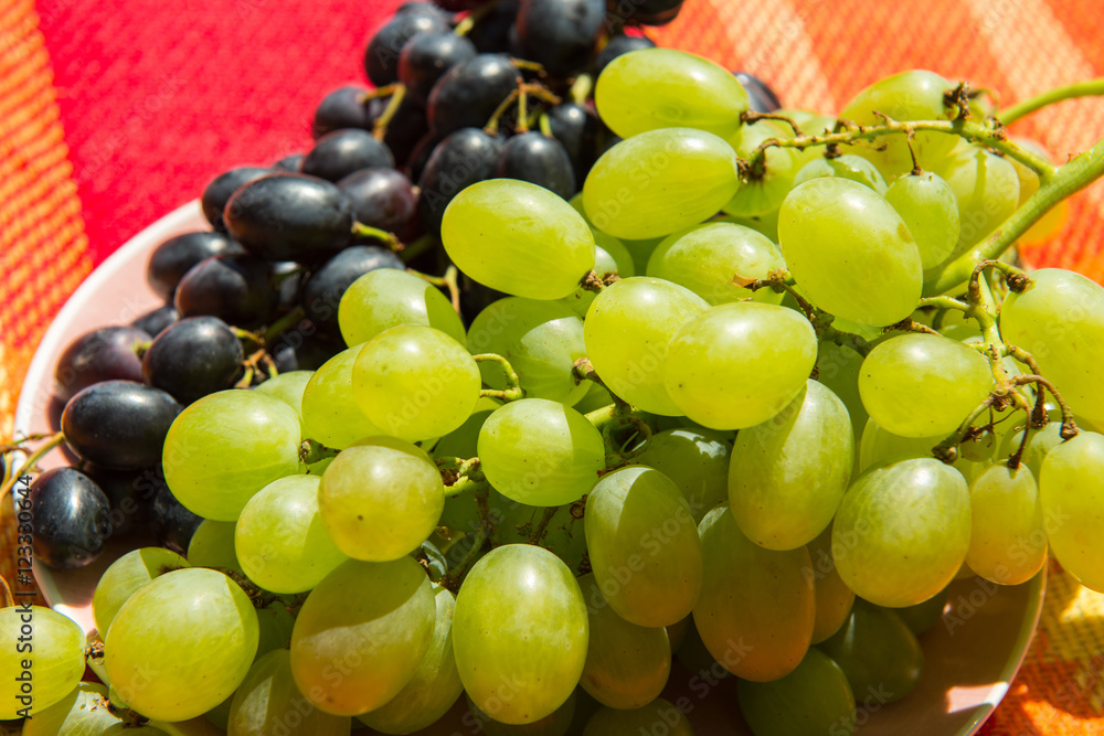 Picnic concept - grapes on the plate Picnic concept - grapes on the plate