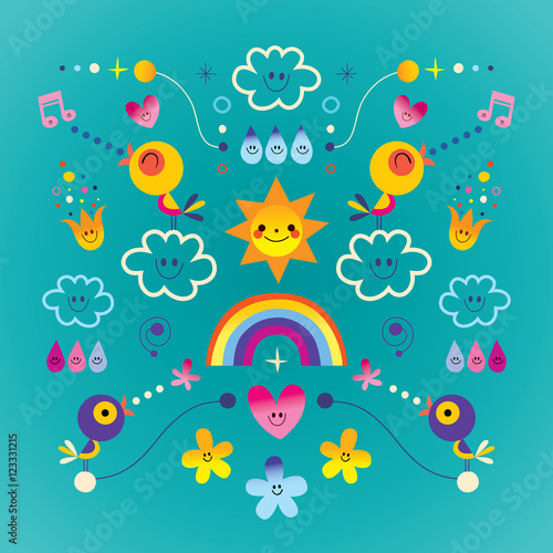 extremely impressive card with cute birds  flowers  Sun  rainbow  raindrops. Lovely nature theme set. Bright nature environment concept card