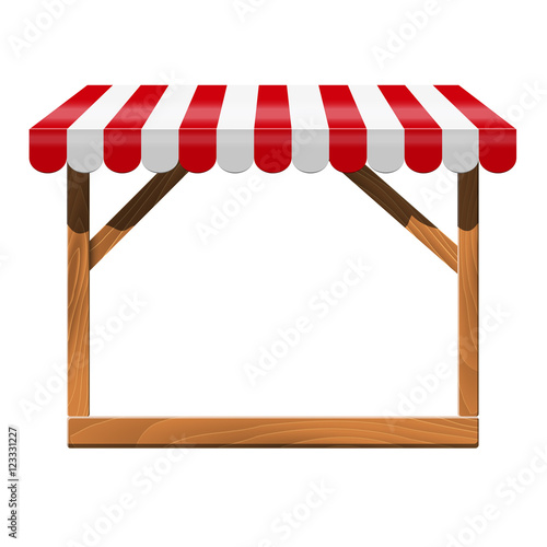 Store front with red awning and wooden rack.