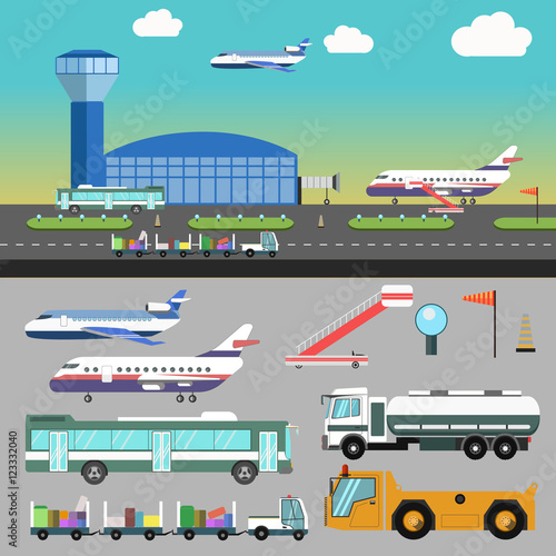 Vector airport illustration with airplane.