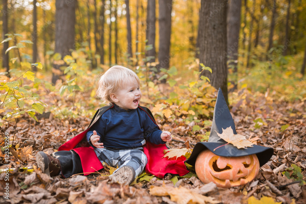 Halloween baby boy. Child in autumn forest looking at the falling leaves. Halloween baby boy. Child in autumn forest looking at the falling leaves.