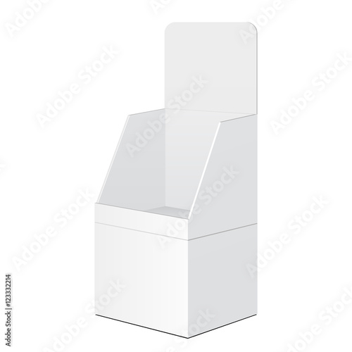 White Tabletop Stand, Cardboard Floor Display Rack For Supermarket Blank Empty Displays With Shelves Products Mock Up On White Background Isolated. Ready For Your Design. Product Packing. Vector EPS10