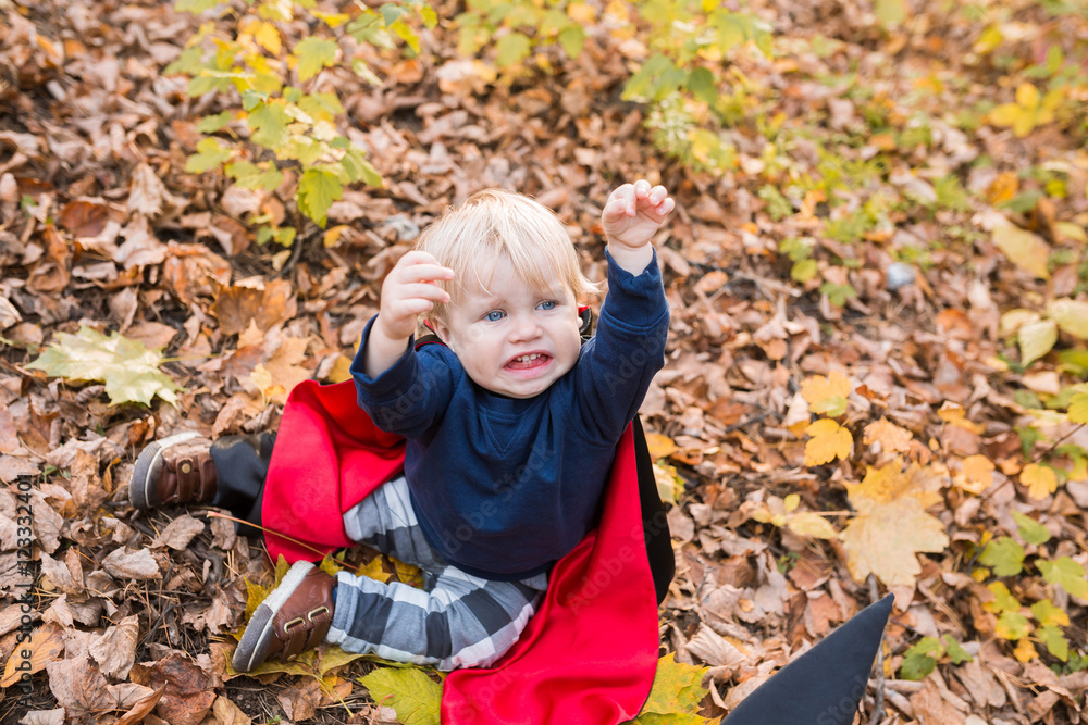 Halloween baby boy. Child in autumn forest looking at the falling leaves. Halloween baby boy. Child in autumn forest looking at the falling leaves.