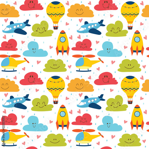Cute children seamless pattern with plane, helicopter, hot air b