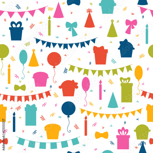 Happy Birthday seamless pattern with colorful party elements. Ba