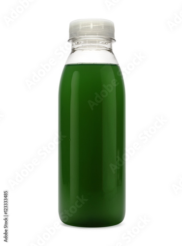 Plastic bottle filled with green liquid isolated on white
