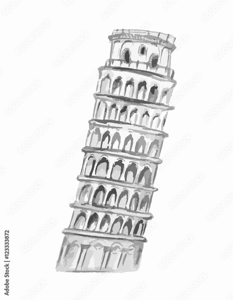 Isolated watercolor pisa tower on white background. Symbol of Italy. Famous historical building.