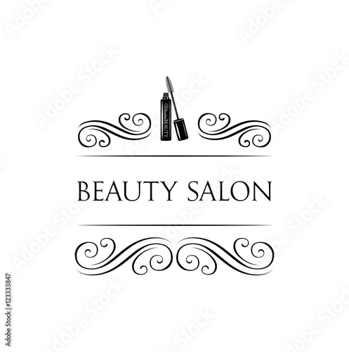 Beauty Salon Label. Mascara for Eyelashes. Eye Makeup. Badge. Filigree Swirls and Curls Decorations Vector Illustration.