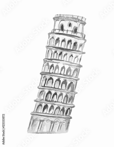 Isolated watercolor pisa tower on white background. Symbol of Italy. Famous historical building.