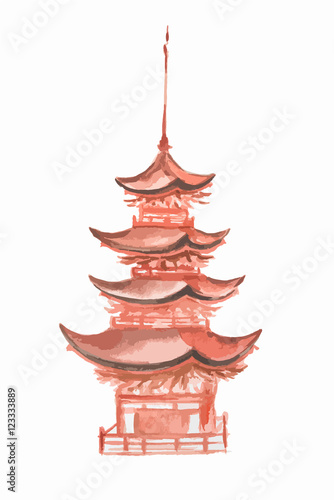 Isolated watercolor asian tower on white background. Chineese or japaneese style. Asian landmark.