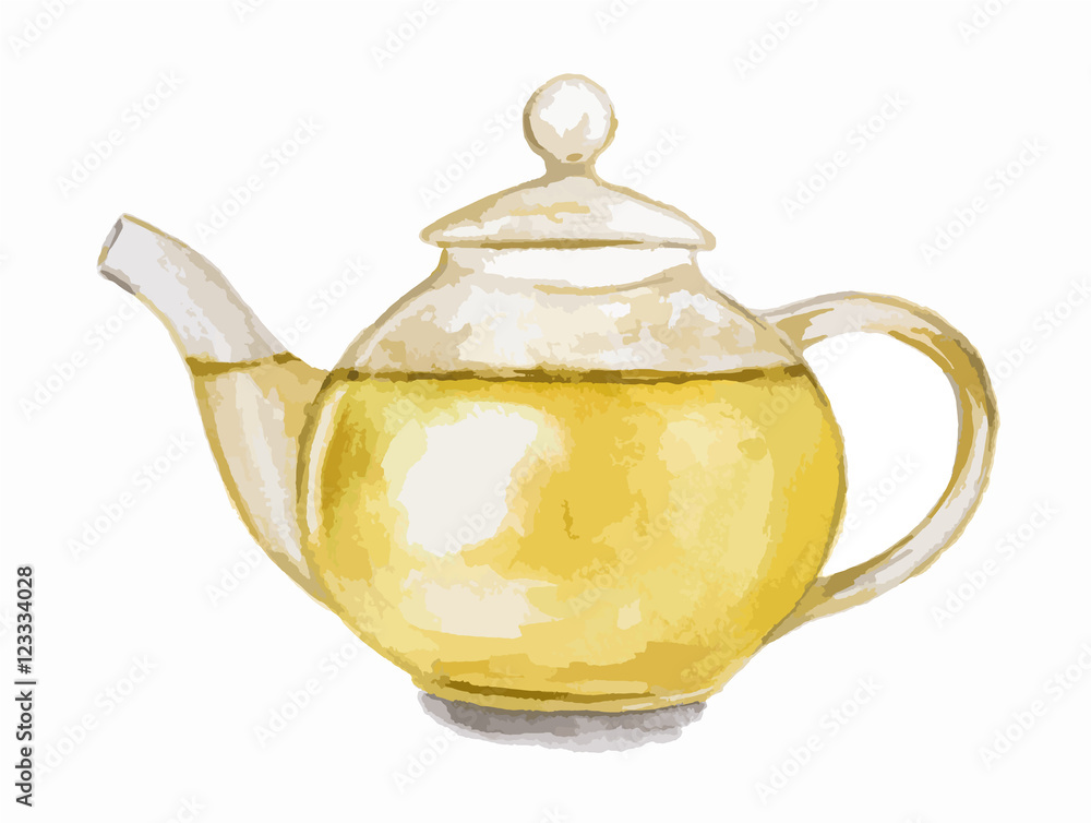 Isolated watercolor green tea pot on white background. Asian style. Natural and healthy drink. Isolated watercolor green tea pot on white background. Asian style. Natural and healthy drink.
