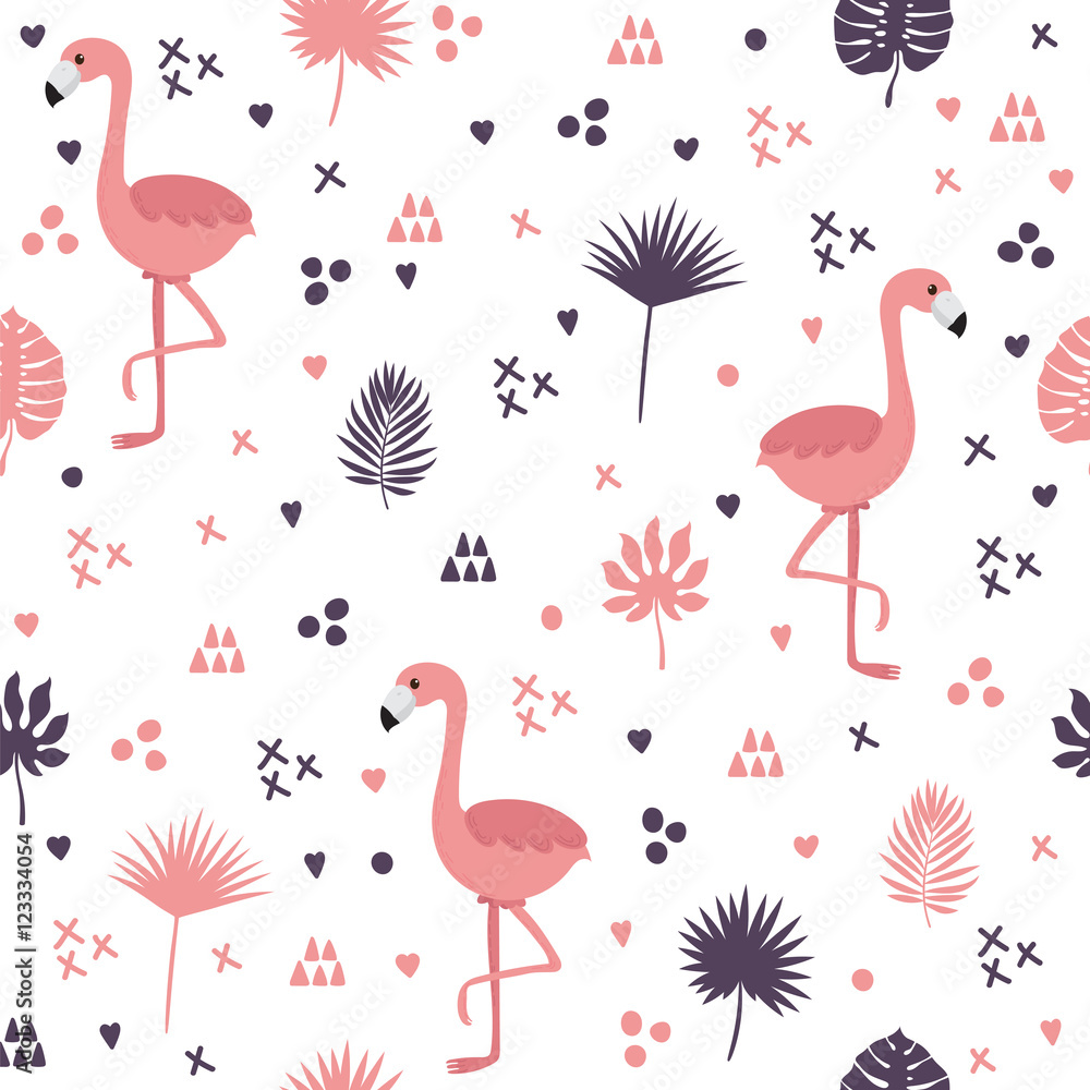 Fototapeta premium Seamless pattern with flamingos and leaves. Cute background with