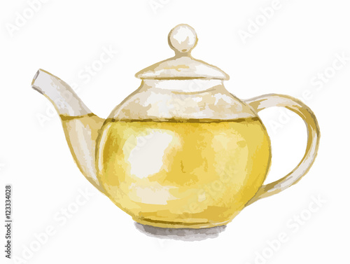 Isolated watercolor green tea pot on white background. Asian style. Natural and healthy drink.