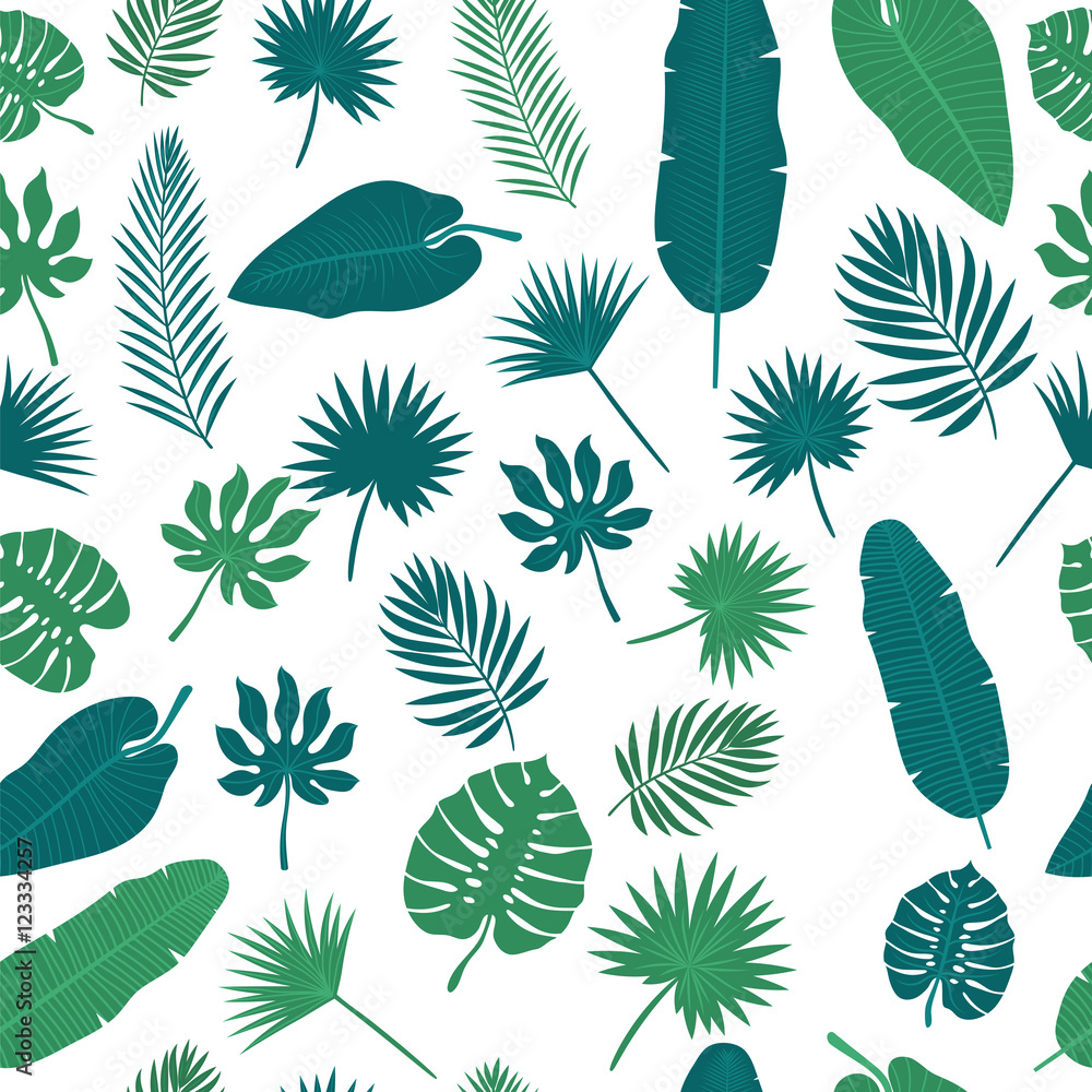 Fototapeta premium Tropical leaves seamless pattern. Floral jungle background