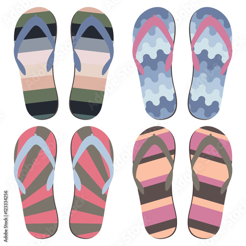 Set of Beach Slippers. Colorful Summer Flip Flops Over White Background 