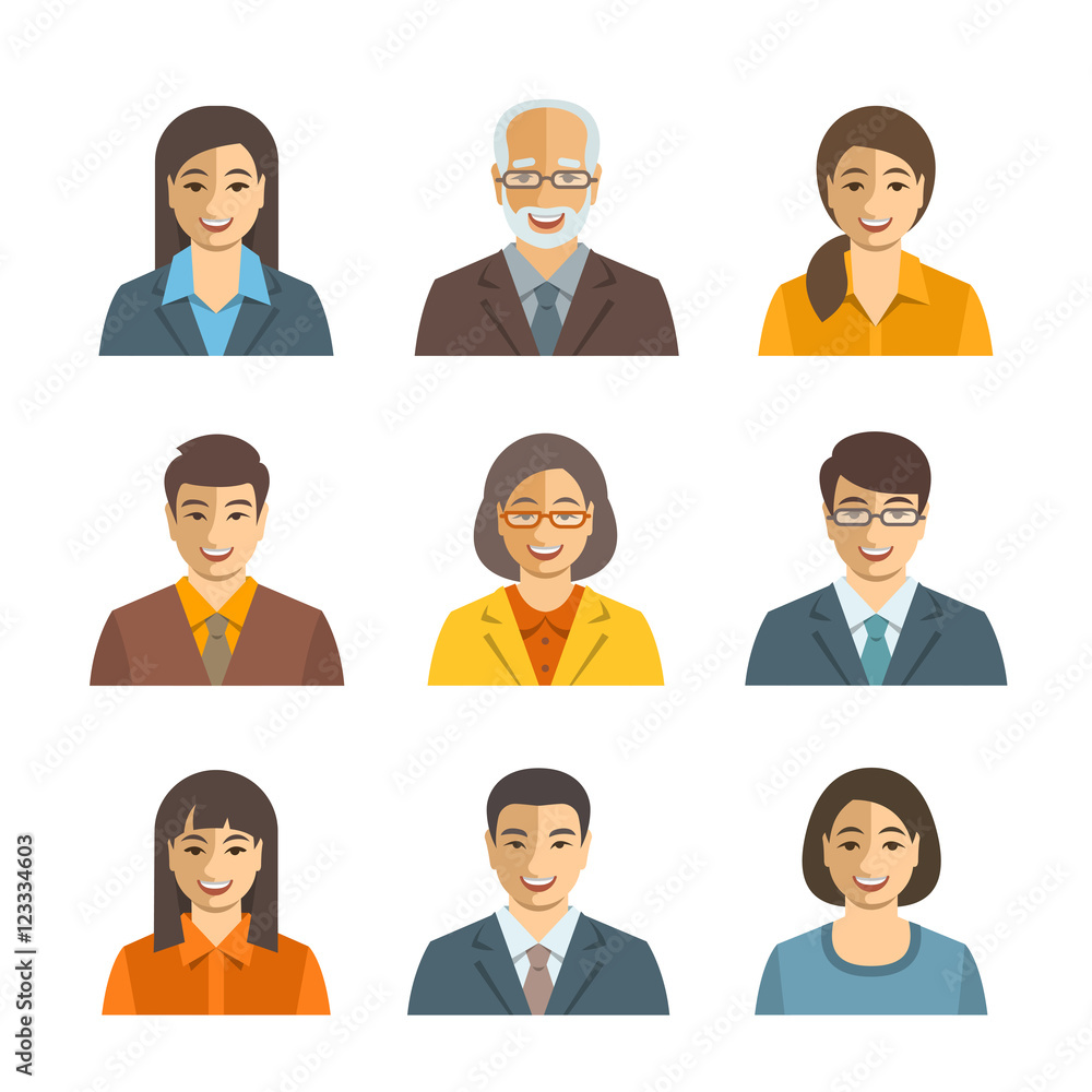 Asian business people flat vector avatars. Business team icons. Men and women in suits, Japanese, Chinese, Korean young and senior characters. Company staff profile pictures. Simple cute happy faces Asian business people flat vector avatars. Business team icons. Men and women in suits, Japanese, Chinese, Korean young and senior characters. Company staff profile pictures. Simple cute happy faces