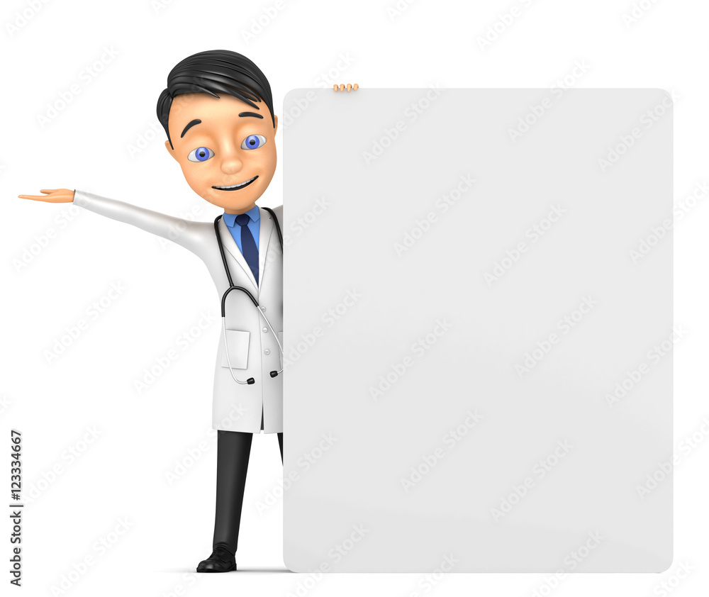 3D doctor with a banner;   isolated over a white background