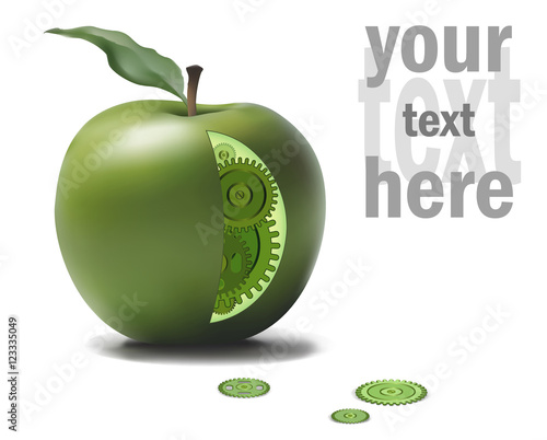 Business Eco Gear Idea Mechanism in Green Apple. GMO, genetics changing illustration. Natural Solution Concept. Vector